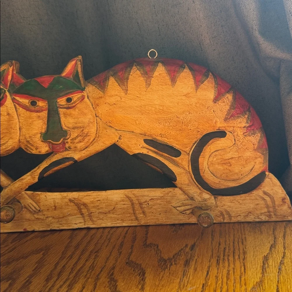 Vintage wood Hand-Painted Double Cat Wall Hook - Yellow, Red & Green